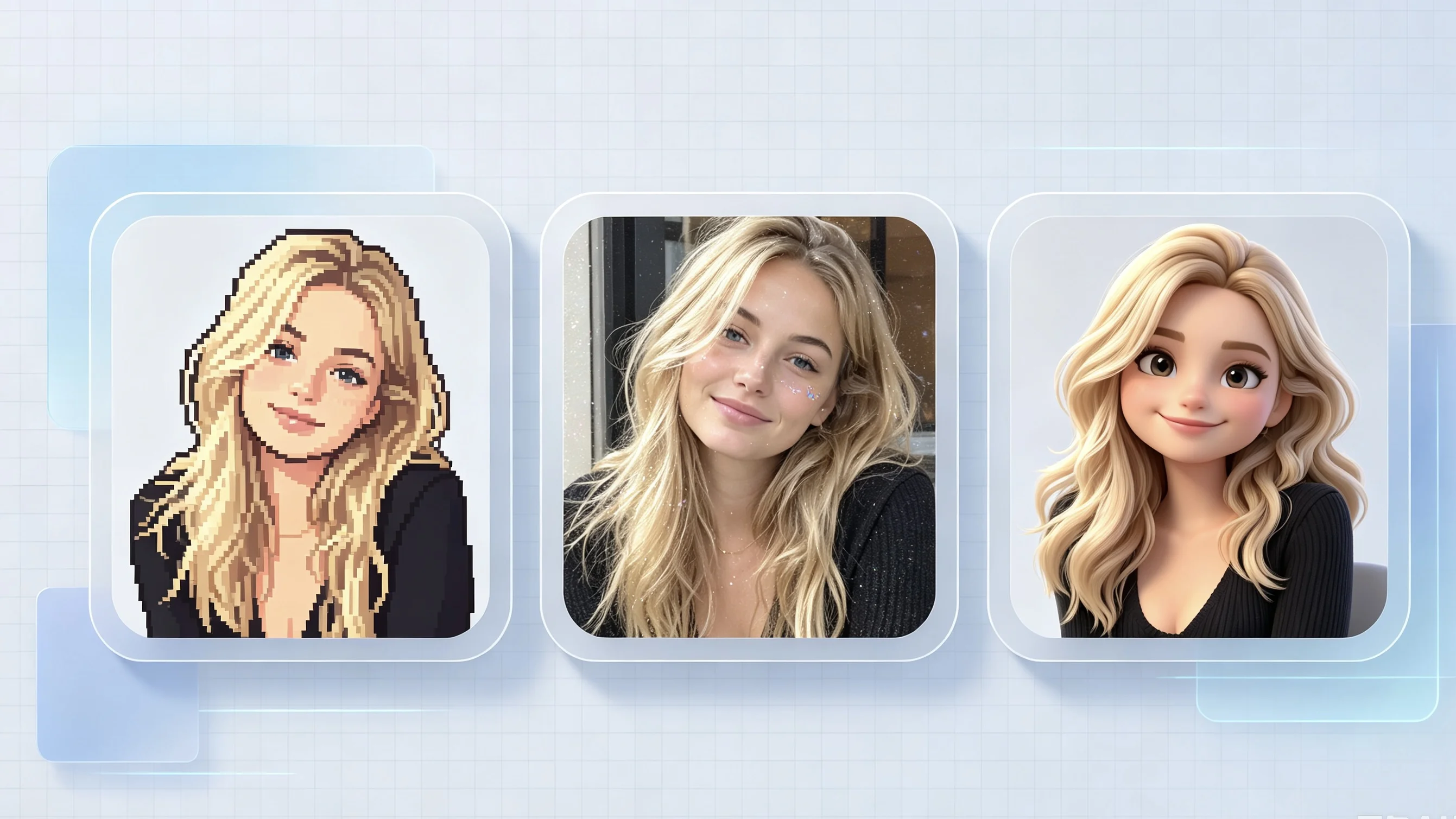 Profile picture evolution timeline: pixel icons in 2000s, MySpace selfies in 2010s, AI stylized avatars in 2020s with Bobi