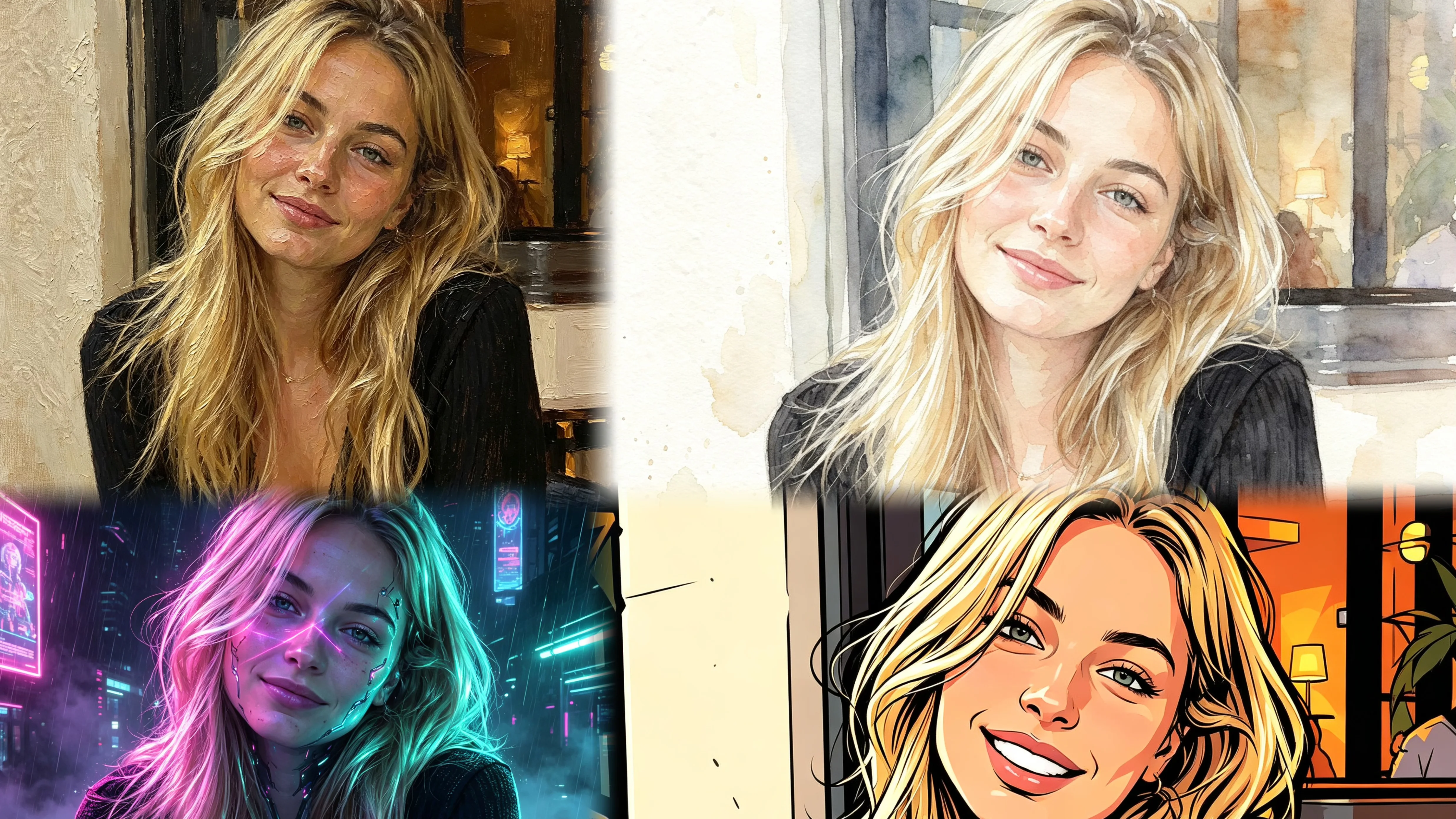 One photo generates four AI portrait looks: LinkedIn professional style, Instagram artistic, TikTok bold, and Discord fun with Bobi