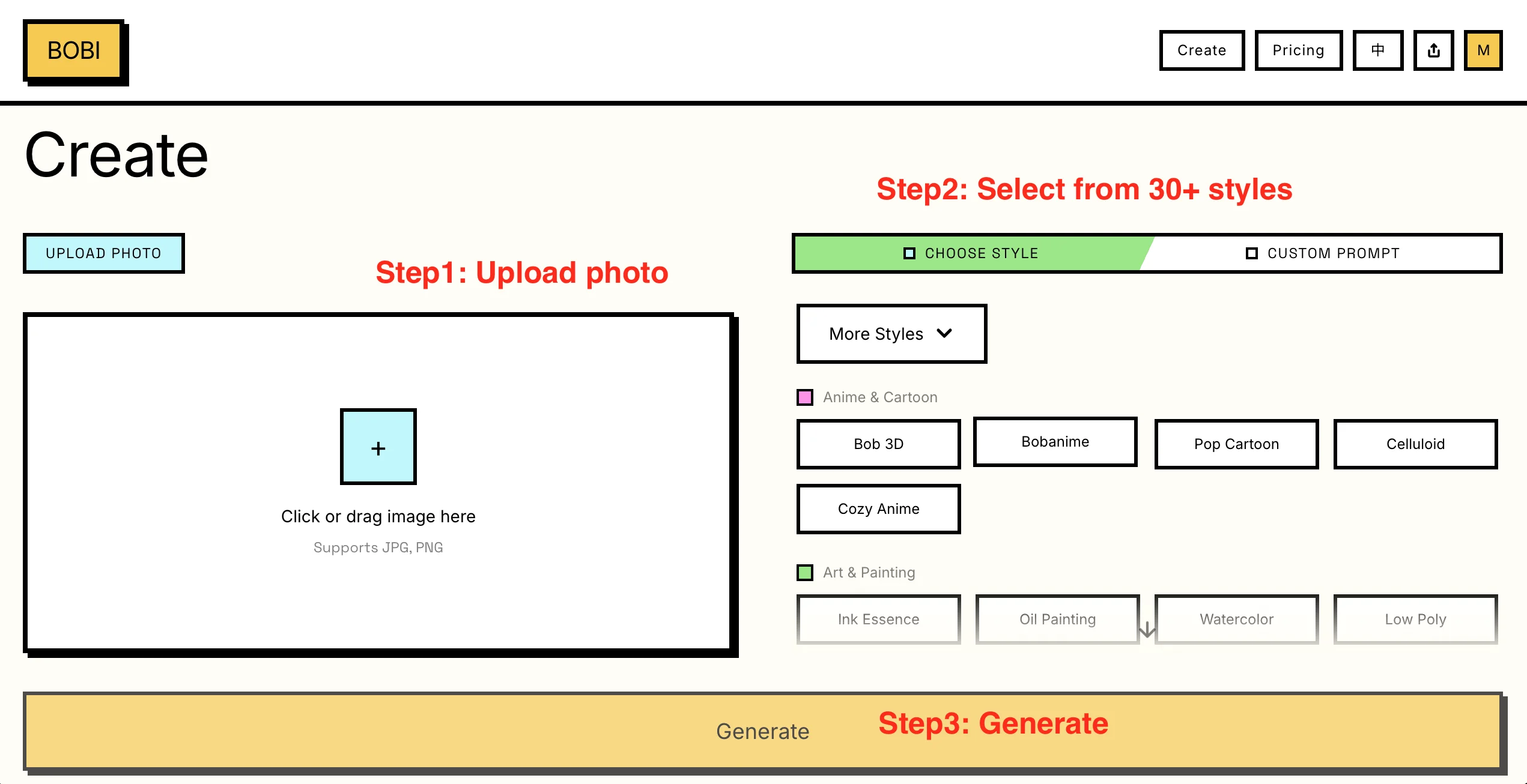 Bobi AI avatar app workflow: upload photo, select from 32 styles, generate AI stylized profile picture in seconds