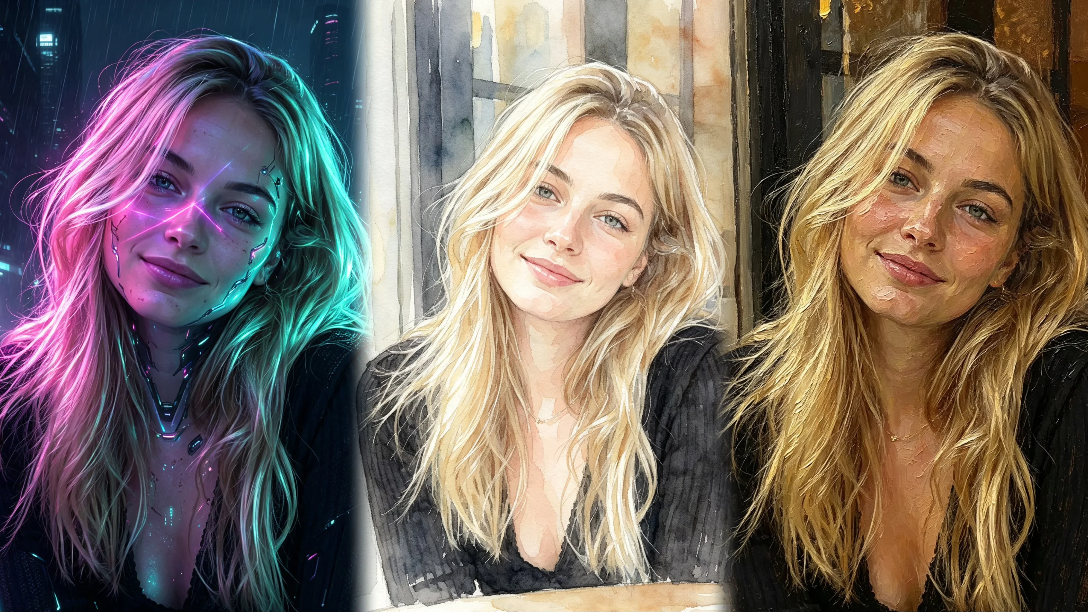 Three profile picture styles for different audiences: cyberpunk for gamers, watercolor for creators, oil painting for professionals — all from Bobi AI