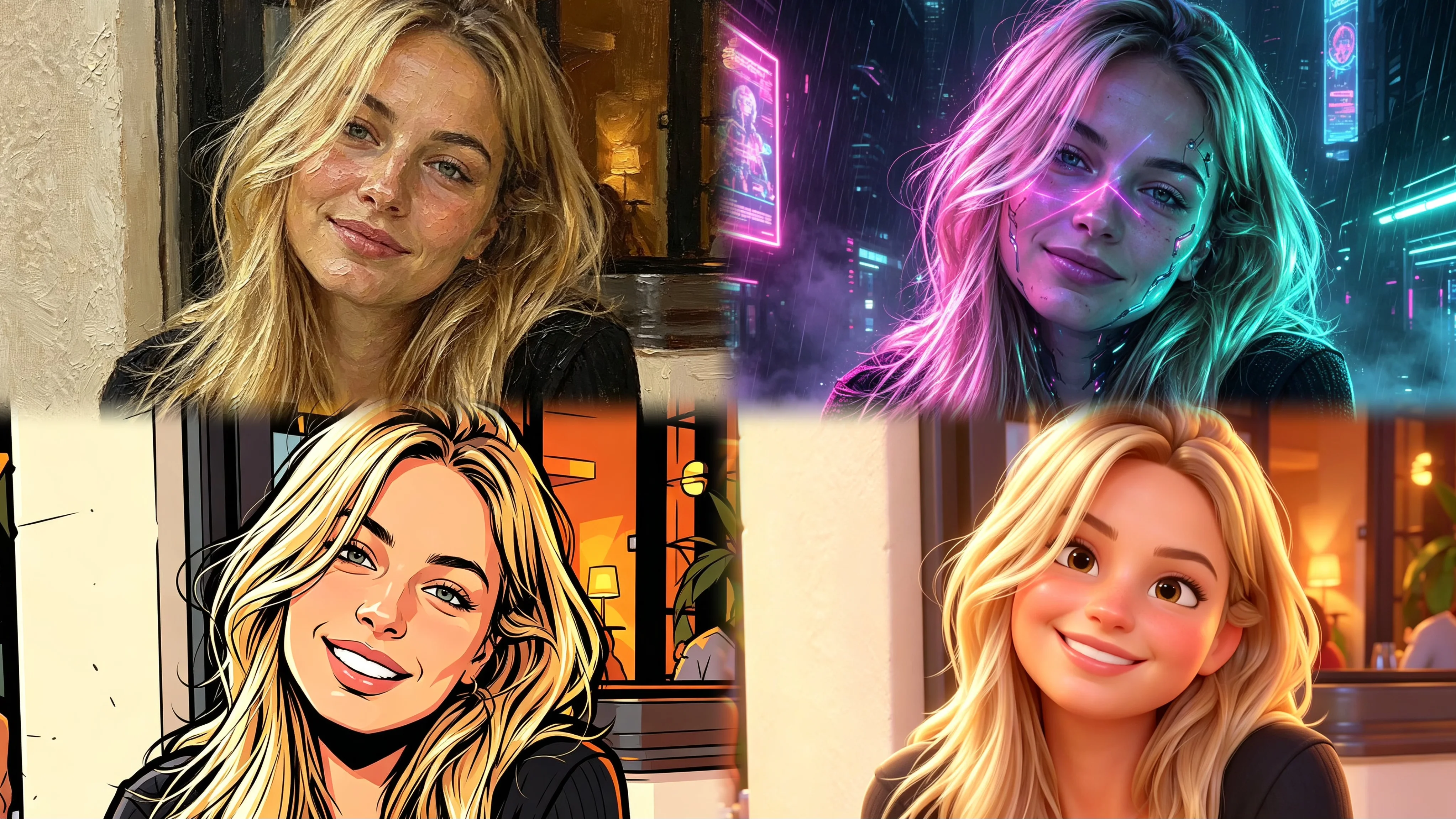 Four AI portrait style categories comparison: Classical oil painting, Pop anime, Fantasy cyberpunk, and Modern 3D soft styles — all from the same photo using Bobi AI style transfer