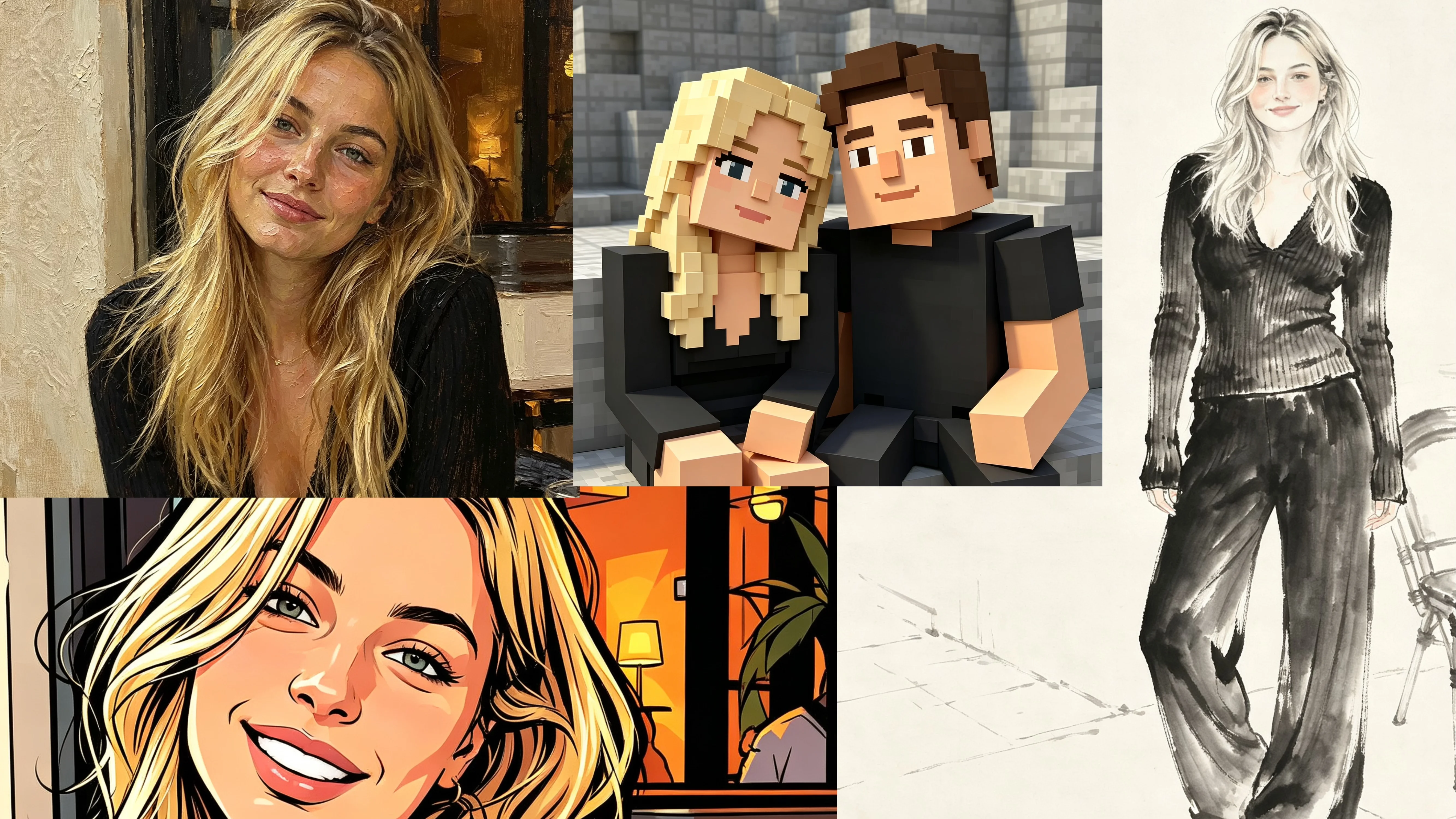 Photo to art matching guide: half-body portrait in oil painting, close-up selfie in anime, full-body shot in ink wash, and group photo in pixel art style