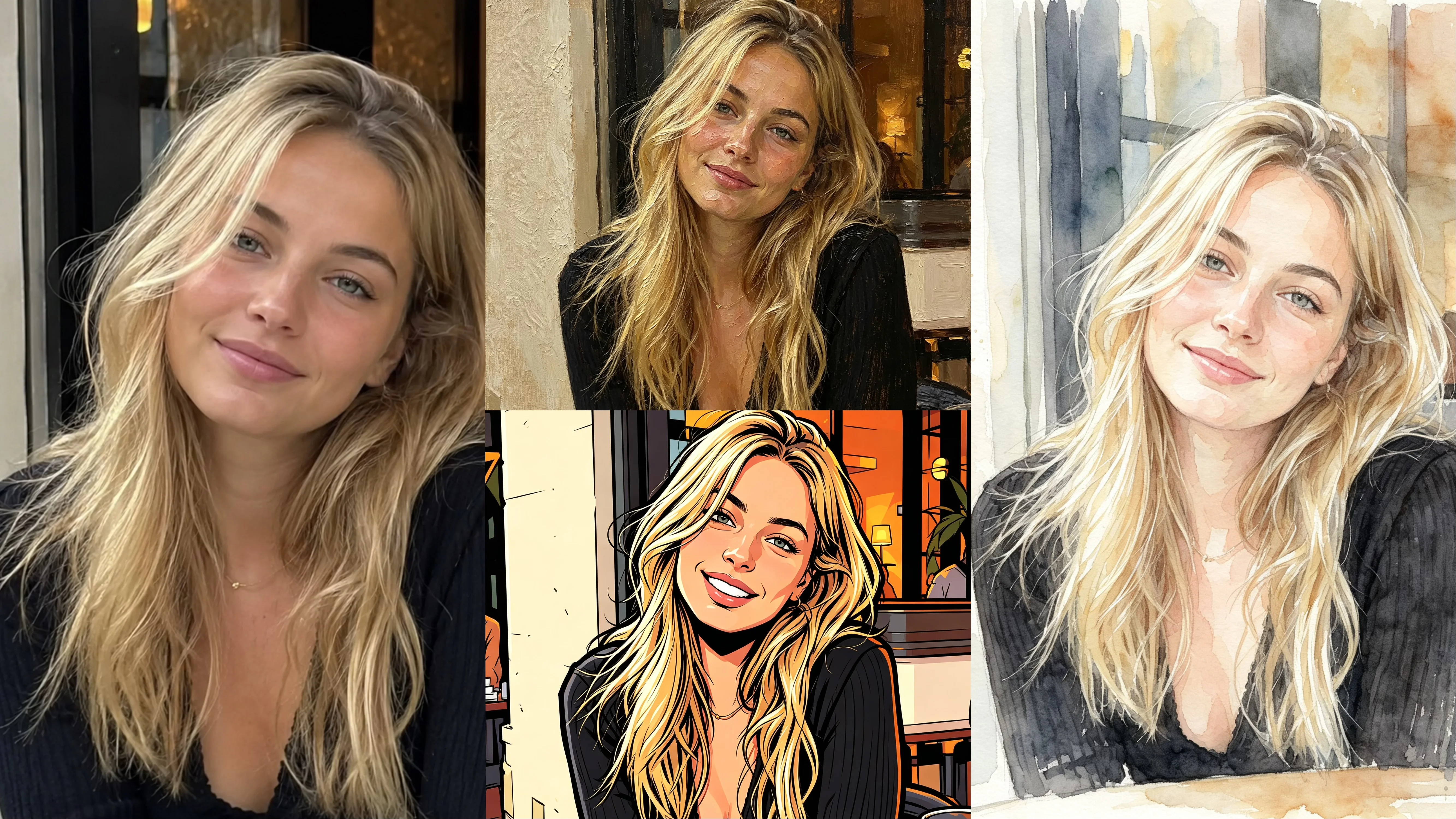 Before and after comparison showing how Bobi transforms a regular photo into stylized AI avatars in oil painting, anime, and watercolor styles